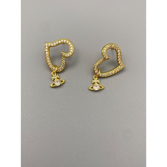 Vivienne Westwood Gold Pave Heart Earrings W/ CZ Orb & Dust Bag - Picture 3 of 5
